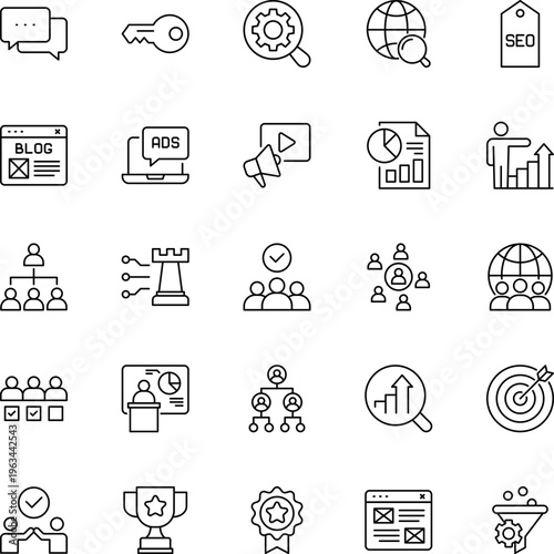 Online marketing line vector icon set SEO growth strategy team