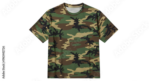 Camouflage T Shirt With Short Sleeves And Round Neckline, isolated on white or transparent background. PNG