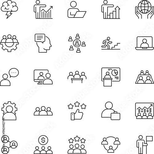 Business teamwork line icon set people chart laptop meeting