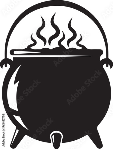 Black cauldron, steaming pot, witchcraft symbol, Halloween icon, vector graphic