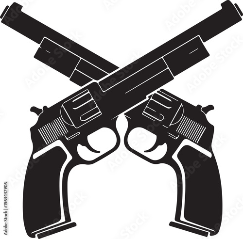 Crossed revolver guns, handgun silhouettes, black pistol icons, vector firearms