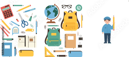 School supplies vector set with backpack, stationery, globe, notebooks and student elements in modern flat illustration style