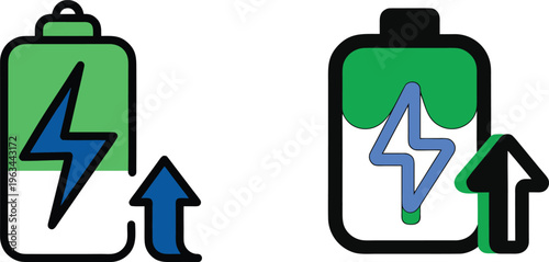 Battery charge level indicator with power symbol and up arrow illustration for energy and technology concepts.