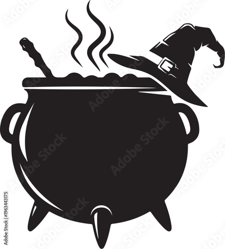 Black silhouette witch hat cauldron, steaming magic potion, Halloween vector icon, spooky symbol