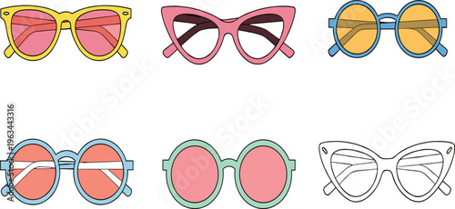 Stylish sunglasses vector set with retro frames, colorful lenses and fashion eyewear elements in modern flat illustration style