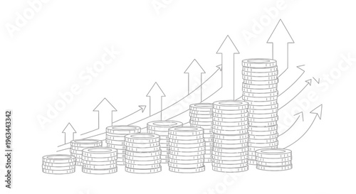 Increasing stacks of coins with upward arrows indicating growth and prosperity in finance and economy