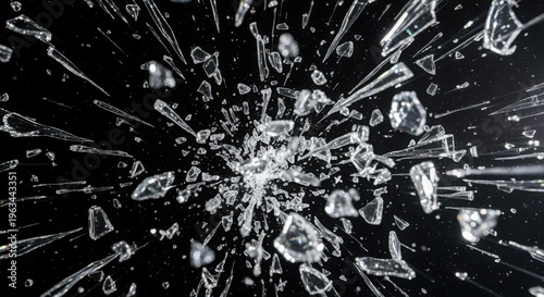 Shattered glass fragments flying outward in dynamic motion against a dark background, capturing a moment of explosive impact.