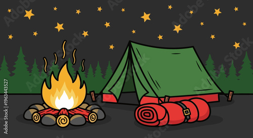 Cozy Campsite Scene: Glowing Campfire, Green Tent, and Sleeping Bag Under Starry Night Sky