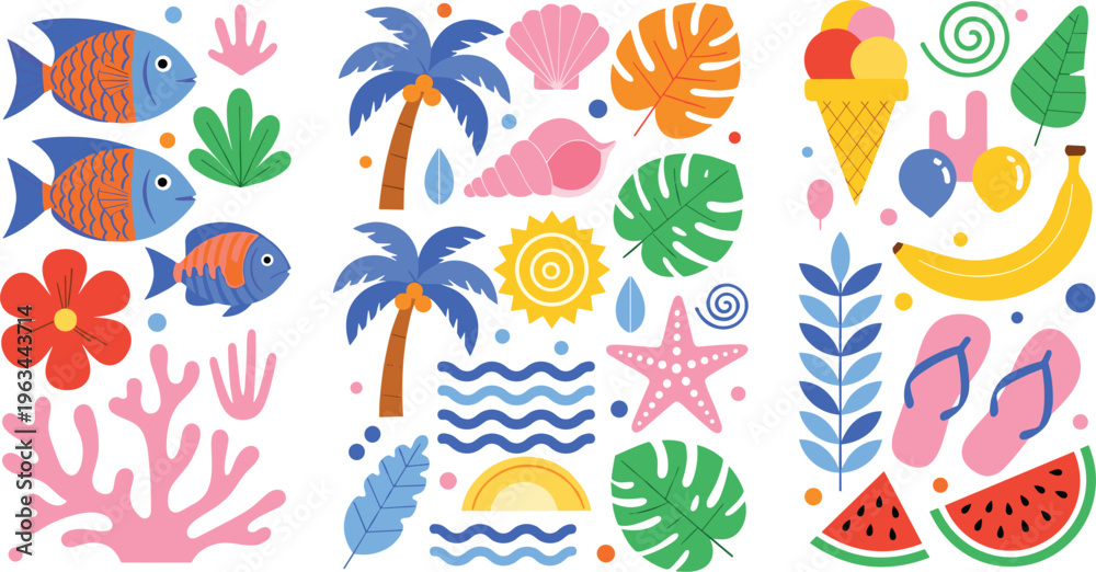 Obraz premium Summer tropical elements vector set with palm trees, fish, coral, fruits, ice cream and beach icons in flat illustration style