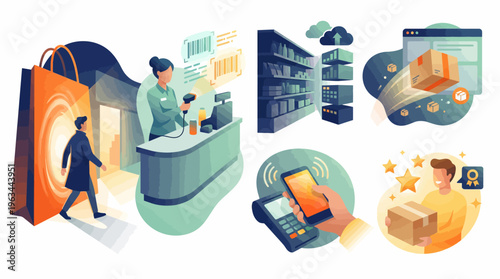 Modern Retail Experience Shopping Payment Checkout and Delivery Concept Vector