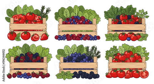 Fresh Wooden Crates Filled with Ripe Tomatoes, Berries, and Leafy Greens - Vibrant Produce