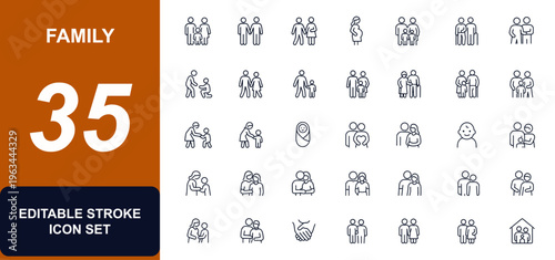 Family and parenting web icons in line style. parents, children, baby, elderly, pregnant, love, care, support, unity, community, relationship. Editable stroke. Vector illustration.