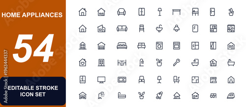 Home appliances and furniture web icons in line style. house, apartment, interior, decor, kitchen, bedroom, sofa, lamp, window, real estate, modern living, household elements. Editable stroke. 