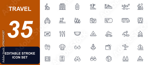 Travel and vacation outline web icons in line style. tourism, hotel, suitcase, beach, cruise, mountain, camping, transportation, relaxation, journey. Editable stroke. Vector illustration.