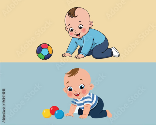 Cute baby crawling and playing with colorful ball cartoon vector illustration 