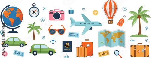 Travel and vacation vector set with airplane, luggage, passport, globe, car and tourism elements in flat illustration style