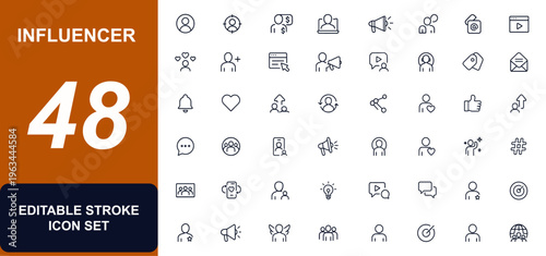 Influencer marketing web icons in line style. social media, follower, megaphone, blog, communication, advertising, content, engagement, network, branding. Editable stroke. Vector illustration.
