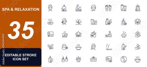 Spa and wellness relaxation web icons in line style. sauna, massage, aromatherapy, herbal tea, candle, lotus, meditation, reflexology, body care, serenity, health, beauty. Editable stroke. Vector.