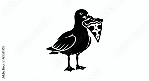 Professional black seagull silhouette holding a slice of pepperoni pizza in its beak isolated on white background for coastal dining and humorous beach-themed branding concepts.