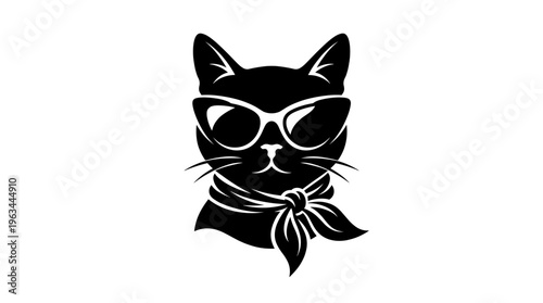 Professional black cat silhouette portrait wearing sunglasses and a stylish neck scarf isolated on white background for trendy pet fashion and sophisticated feline branding concepts.