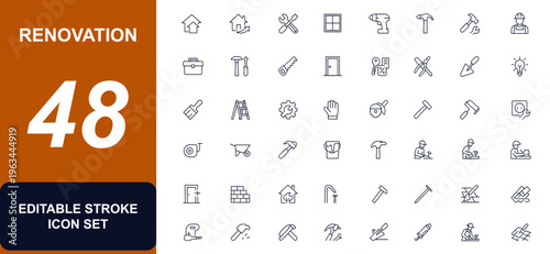 Home renovation and repair web icons in line style. House restoration, construction tools, handyman equipment, DIY maintenance, building upgrade, carpenter kit, property improvement. Editable stroke.