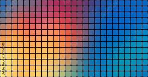 Abstract pixel grid gradient background displaying blue, purple, violet, pink to yellow color flow. Smooth transitions, soft blends, gentle shifts create fresh effect. Vector modern design pattern.