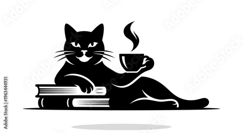 Professional black cat silhouette lying down with books and holding a steaming coffee cup isolated on white background for cozy library and café branding concepts.