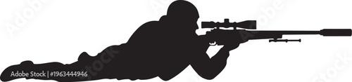Sniper, soldier, rifle silhouette, black icon, military symbol, vector graphic