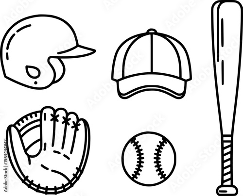 Baseball equipment including helmet cap glove bat and ball in outline style sport