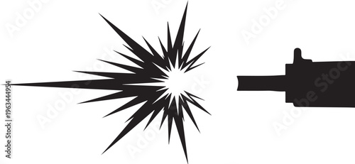 Gun firing bullet, starburst explosion, black silhouette, vector graphic