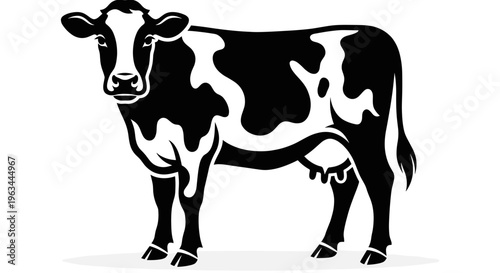 Professional black and white silhouette illustration of a Holstein cow isolated on white background for dairy farming and organic milk product concepts.