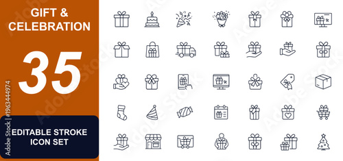 Gift and celebration web icons in line style. birthday, present, bouquet, ribbon, shopping, delivery, holiday, christmas, mobile, online order. Editable stroke. Vector illustration.