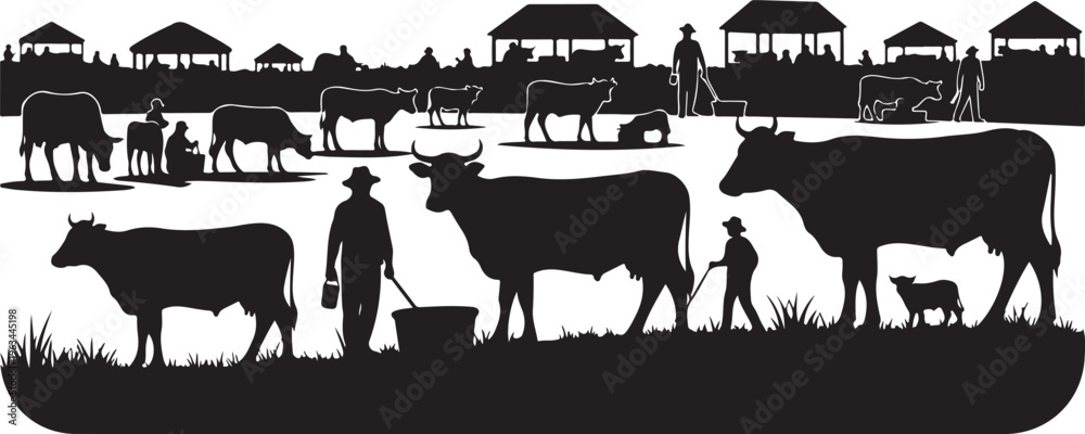 Obraz premium Farmers tending to their cattle in a rural village setting