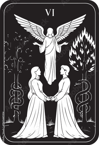 Angel, winged spiritual being, mystic tarot card, black and white illustration, symbolic art