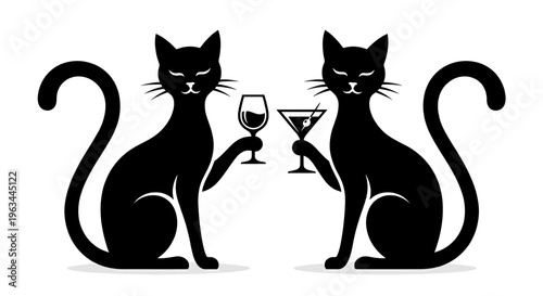 Professional black cat silhouettes holding a wine glass and a cocktail martini isolated on white background for nightlife and social celebration concepts.