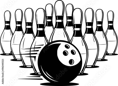 Black and white bowling ball and pins with a sense of motion a white background sport