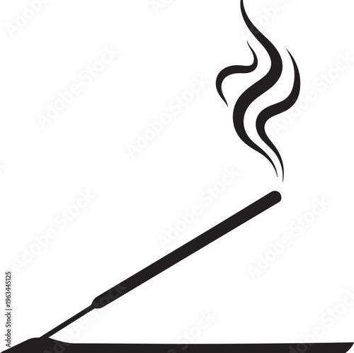 Black incense stick, burning incense, smoke vector icon, simple illustration