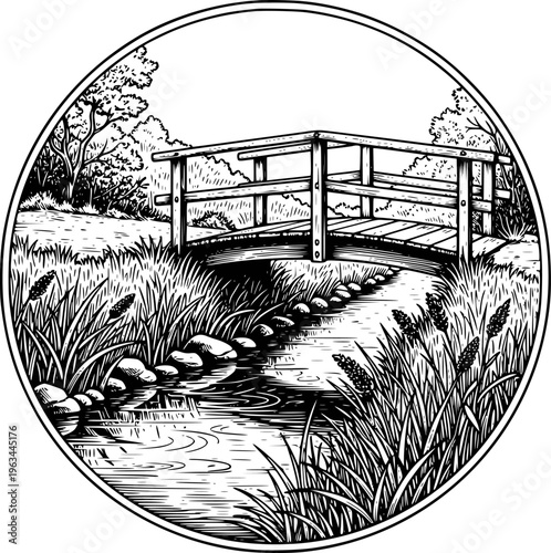 Black and white of a wooden bridge over a stream in a natural landscape nature