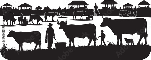 Farmers tending to their cattle in a rural village setting