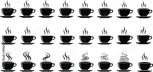 Set of black coffee cup icons with steam silhouettes, hot tea and espresso mug symbols collection, beverage cafe vector illustration isolated on white,