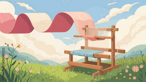 Wooden loom with pink and blue fabric in a grassy field with flowers, weaving textile yarn des