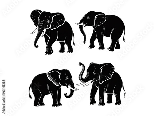 African elephant silhouette collection with various poses, trunk and tusks vector set for safari design