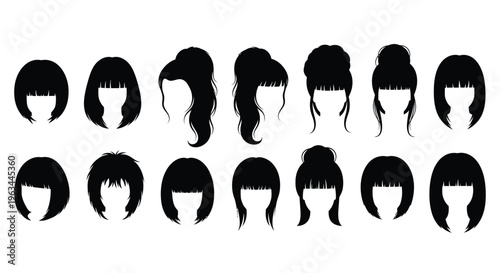 Collection of varied women s hairstyles displayed as a black silhouette