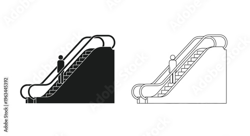 Two escalator designs with a person shown in stark contrast silhouette