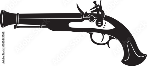 Pistol, flintlock gun, black silhouette, side view, vector illustration, firearm, historical weapon