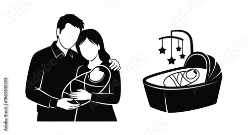 New parents lovingly cradle their baby near a crib silhouette