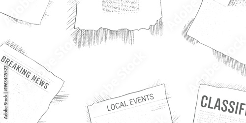 Torn newspaper pages with headlines breaking news local events classifieds in style