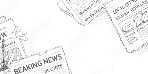 Hand holding a newspaper with breaking news headlines and weather updates in a style