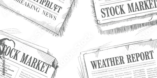 Four vintage newspapers with headlines breaking news stock market and weather report in grayscale