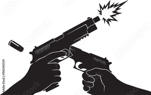Gun, handgun, pistol, two hands, firing, black silhouette, vector graphics